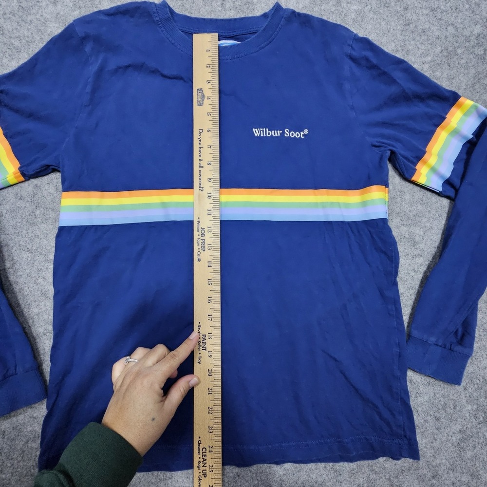 Vintage Wilbur Soot T-Shirt Medium Men Blue Rainbow Stripe Long Sleeve Crew Neck - Picture 6 of 8